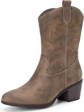 Women's Camel Faux Leather Cowgirl Boots With Round Toe Chunky Low Heel Shoes